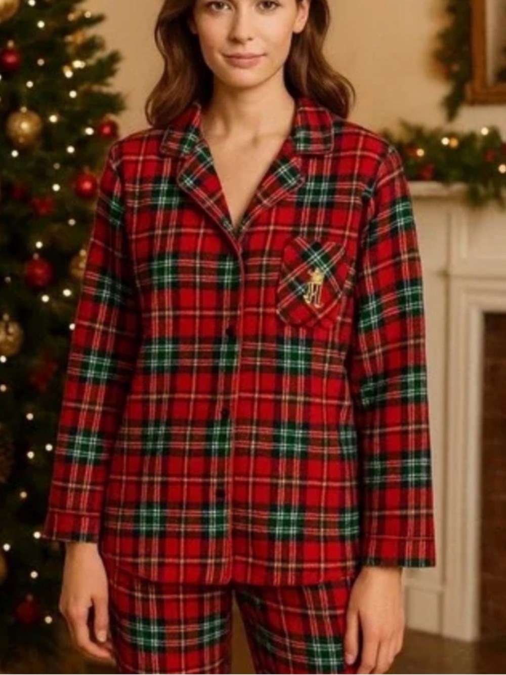 RALPH LAUREN tartan pajama SET button up top elastic waist pants red size large